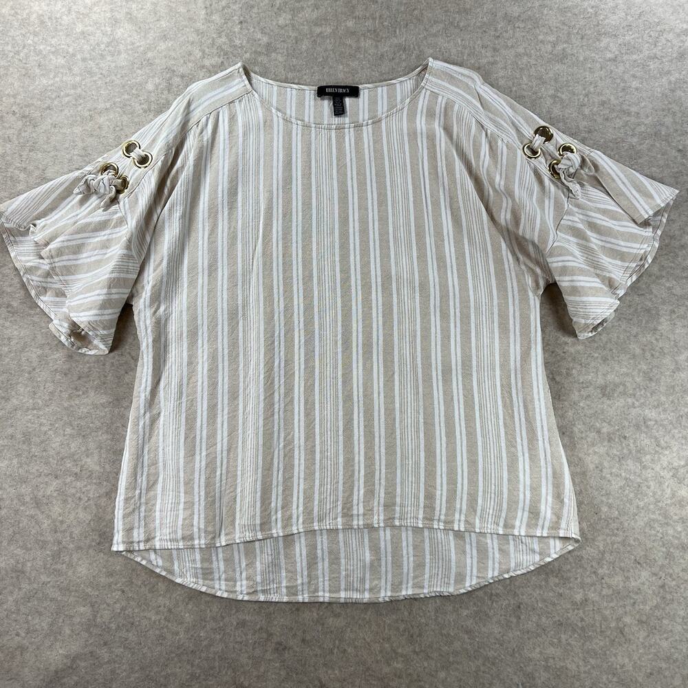Ellen Tracy Linen-Blend Striped Flutter Sleeve Top Tan White Gold Grommet Large